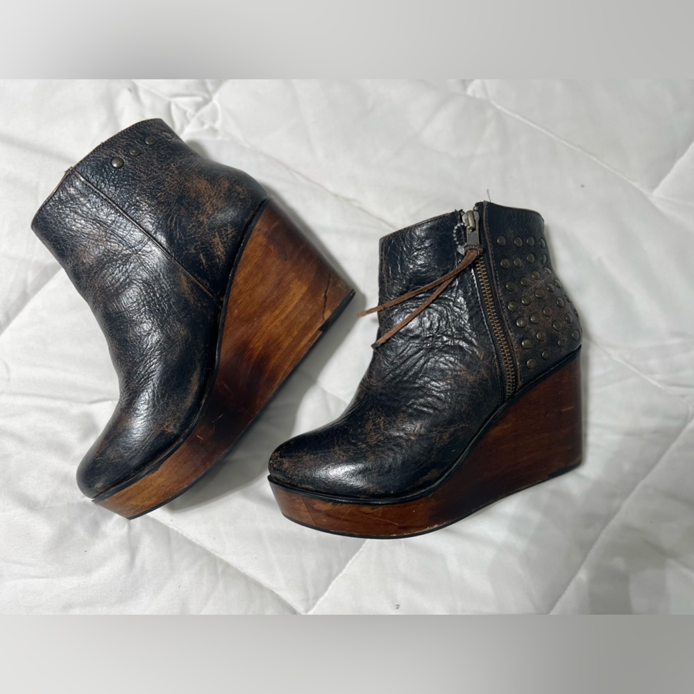 Bed Stu Ghent Distressed Black & Brown Studded wedge bootie